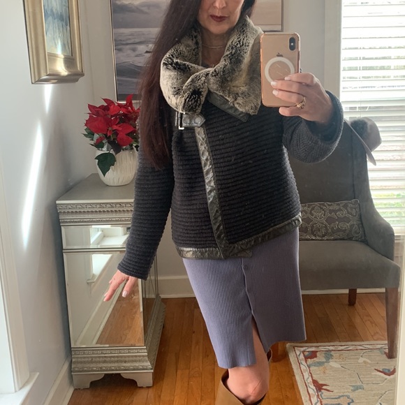 ST. JOHN Designer fur Coat Jacket Leather Wool Rabbit Gray S 4 6 Luxury - Picture 14 of 14